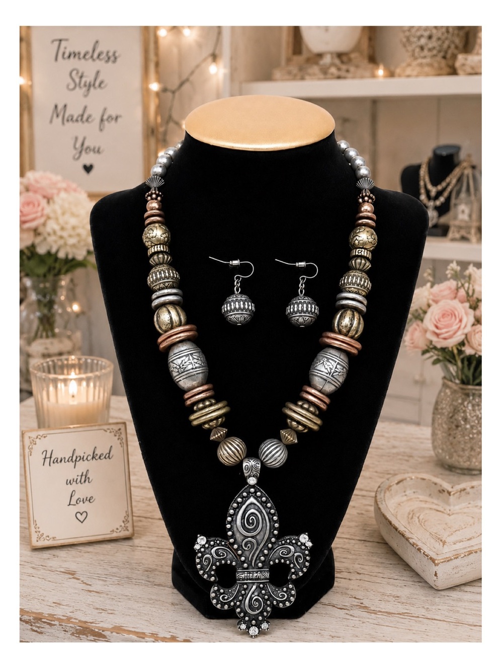 Fleur-de-Lis Multi-Tone Statement Necklace & Earring Jewelry Set.